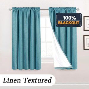 NWT 2 100% Blackout Curtains Teal Linen Texture Rod Pocket 52 X 63 Energy Saving